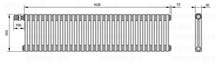 Схема (чертеж) Радиатор Zehnder Charleston 2050/31 №V012 Белый глянцевый RAL 9016